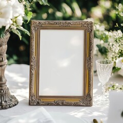 Frame mockup photo, ornate vintage frame, natural light