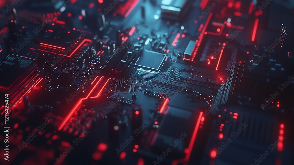 Poster abstract glowing red lines and geometric shapes on a complex circuit board background