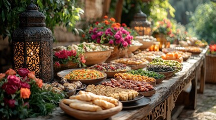 Fototapeta premium Outdoor garden buffet feast, Middle Eastern cuisine, sunlight, flowers