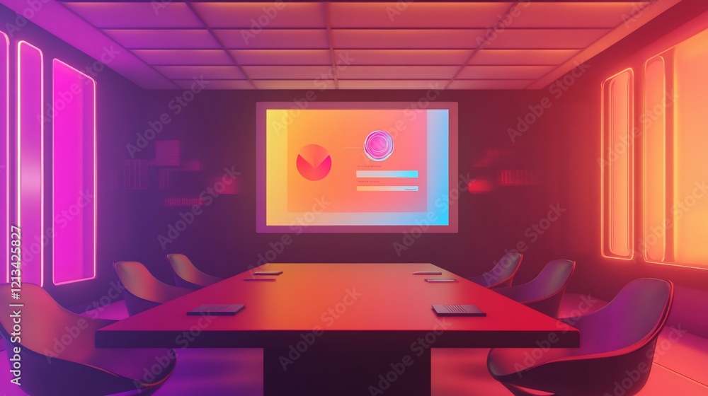Poster modern conference room with neon lights and digital display showing charts and graphs