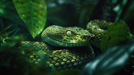 Fototapeta premium Borneo venomous snake in tropical forest, AI generated image