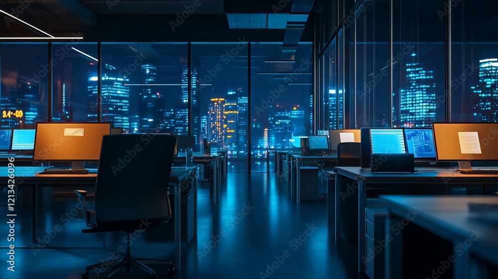 Poster empty office space at night with city view and computers on desks ready for work