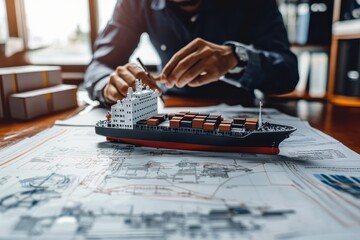 Fototapeta premium Businessman Planning Operations with Ship Model and Maritime Documents on Office Desk