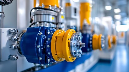 Fototapeta premium Industrial machinery with blue and yellow components in a modern factory setting