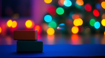 Two Colorful Blocks Resting Before Festive Lights