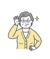 眼鏡を上げてニヤリと笑い自信を見せる太った高齢女性