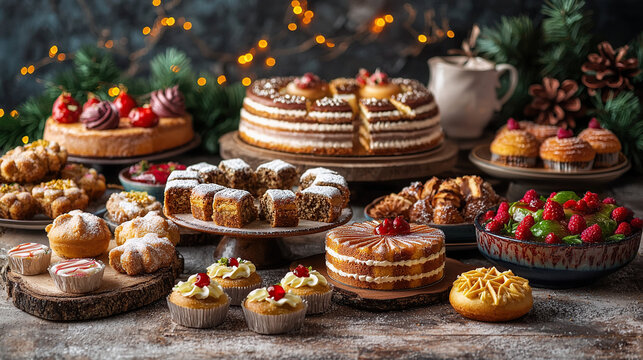 Festive assortment of delicious cakes, pastries, and desserts on a rustic wooden table.