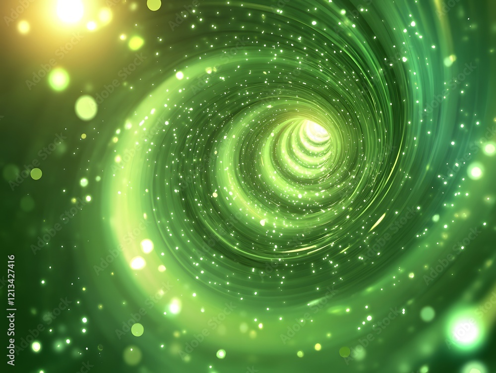 Poster digital rendering of a green light tunnel with particles