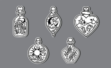 Set of vector hand drawn bottles with magic potion. Doodle vector illustration of vials, jars, flasks with occult objects