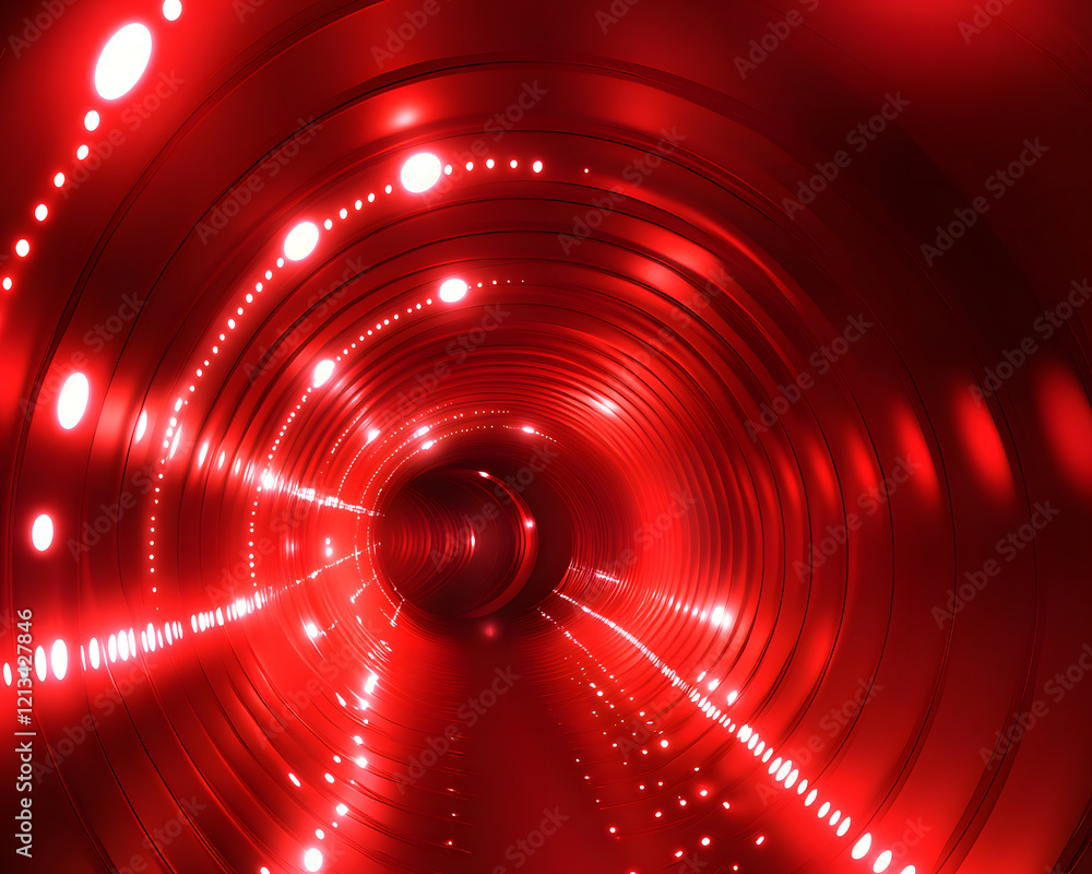 Poster digital rendering of a red concentric tunnel with integrated lighting