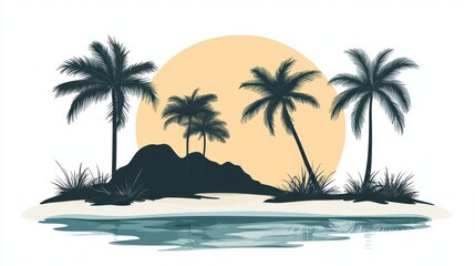 Obraz premium Tropical island sunset silhouette with palm trees and calm ocean.