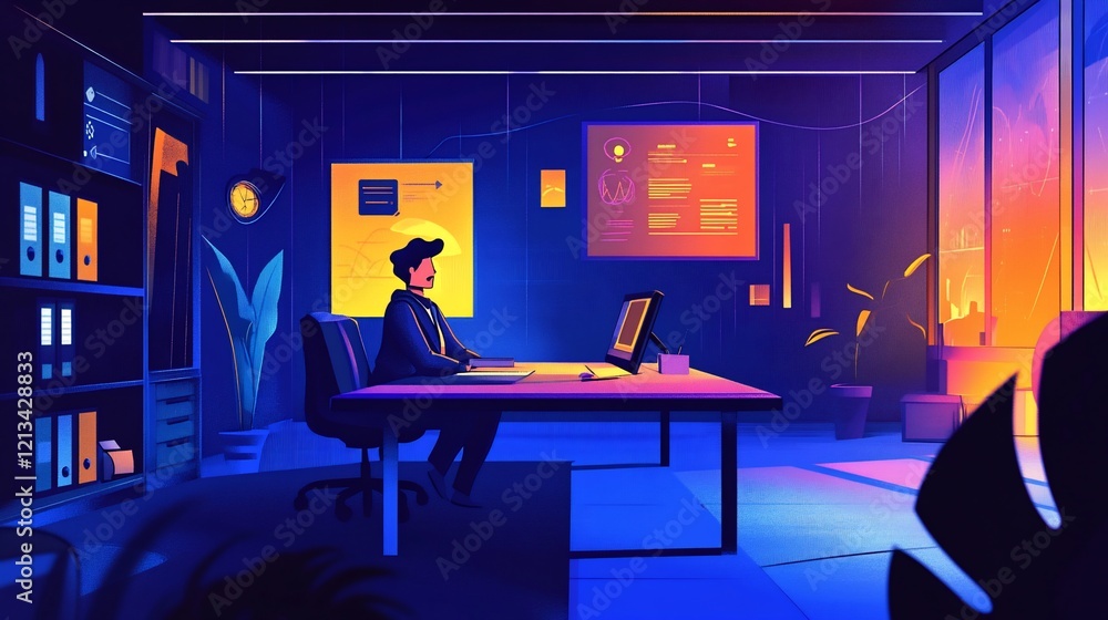 Poster person working at desk in modern office during sunset with data visualization displays and bookshelf