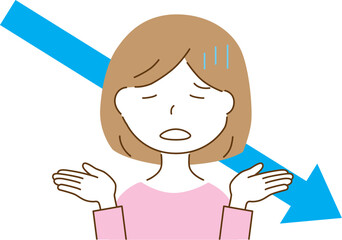 悩んでいる女性と下向き矢印
