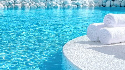 Poolside towels, summer relaxation, clear water, luxury resort