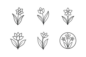 spring flowers icon vector line art illustration, set of black and white flowers