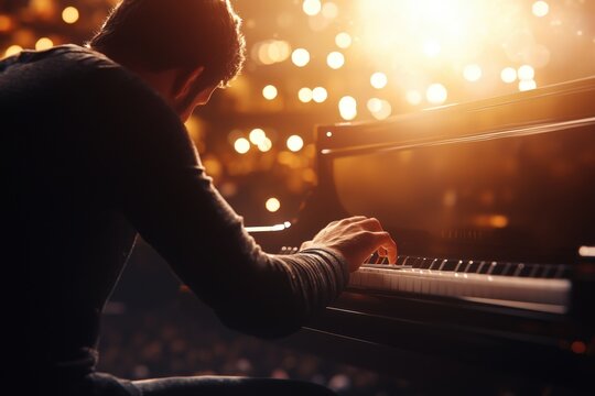 Un pianiste passionn&eacute; joue de la musique classique dans une atmosph&egrave;re chaleureuse et &eacute;clair&eacute;e par des lumi&egrave;res douces.