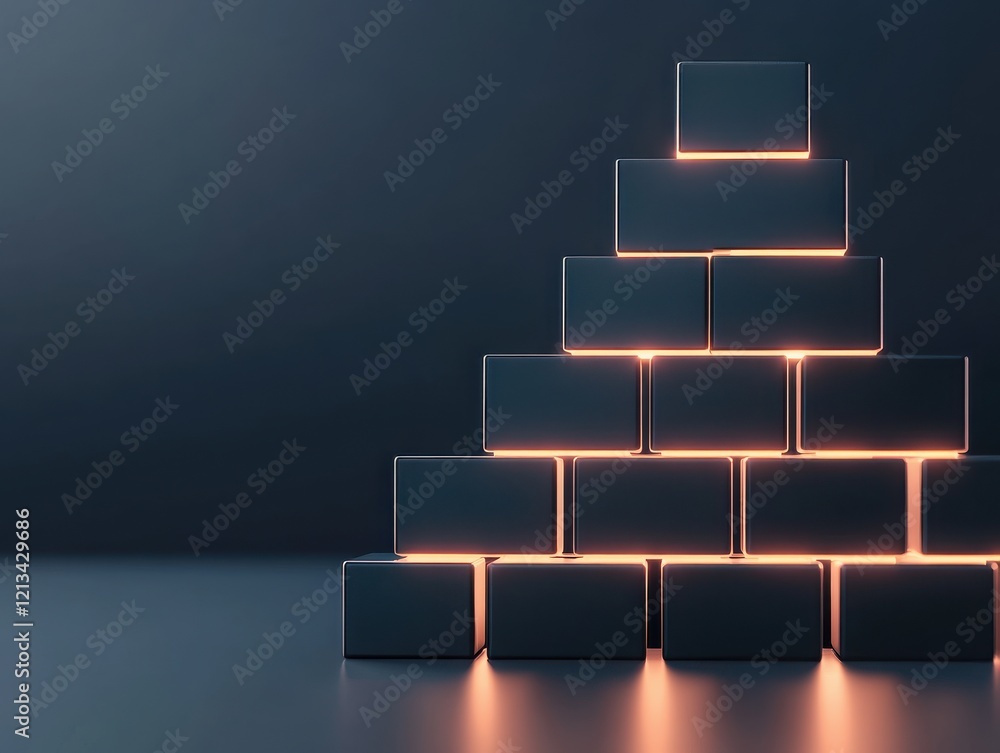 Poster a modern graphic design featuring illuminated cubes arranged in a pyramid shape against a dark backg