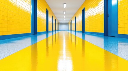 Fototapeta premium Bright yellow and blue hallway, perspective view, interior design, school corridor