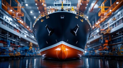 Large cargo ship being constructed in a modern shipyard with cranes and machinery in background