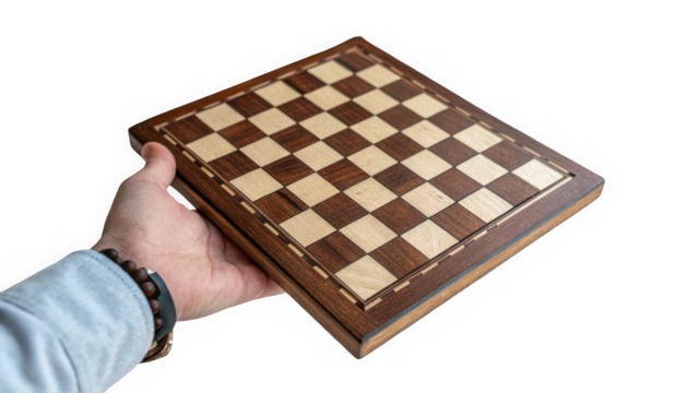 A hand holding a beautifully crafted wooden chessboard with intricate patterns, showcasing a blend of light and dark wood.