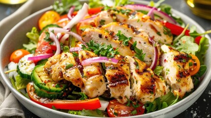 Fototapeta premium Delicious Grilled Chicken with Vegetable Salad, AI generated image