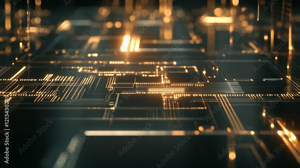 Poster abstract golden circuit board pattern with glowing lights in dark background