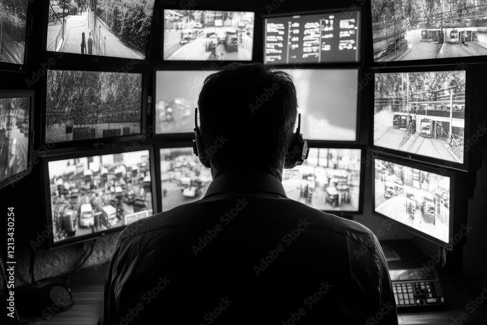 Poster security guard monitors multiple screens displaying various cctv feeds. the image depicts the crucia