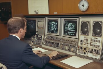 Man sits at vintage control panel, multiple screens display technical data. Illustrates retro technology, space race era, or similar historical context.