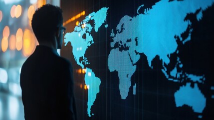 Environmental Sustainability Corporate Social Responsibility concept. Business Professionals Analyzing Global Data Analytics on Digital World Map