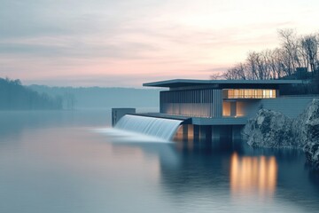 Modern riverside building, waterfall, dawn, misty landscape, architecture