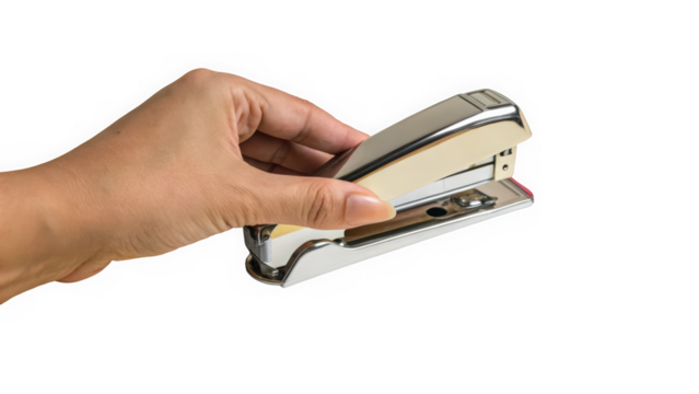 A close-up of a hand holding a sleek metallic stapler, showcasing its polished design and functional elegance.