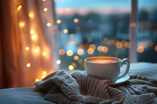 cozy nighttime rituals, herbal tea steeps in a warm mug, with a soft nightlight and twinkling stars above heralding a peaceful world sleep day