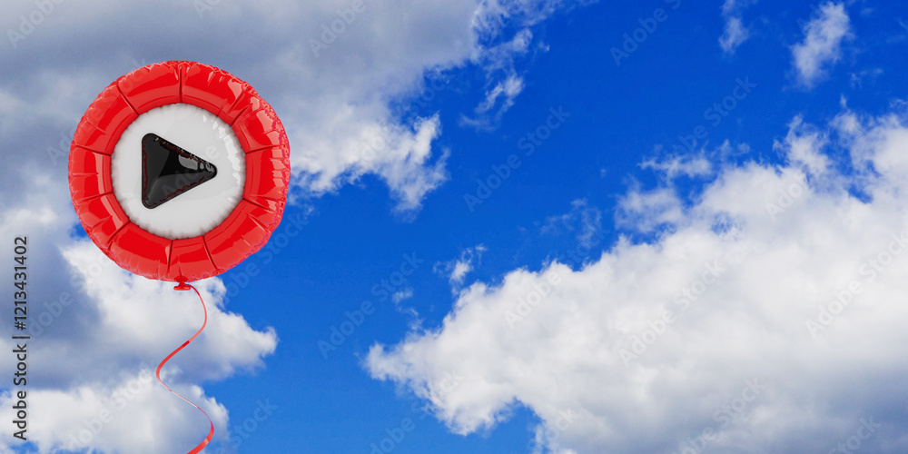 Poster media player play button icon in shape of balloon. 3d rendering