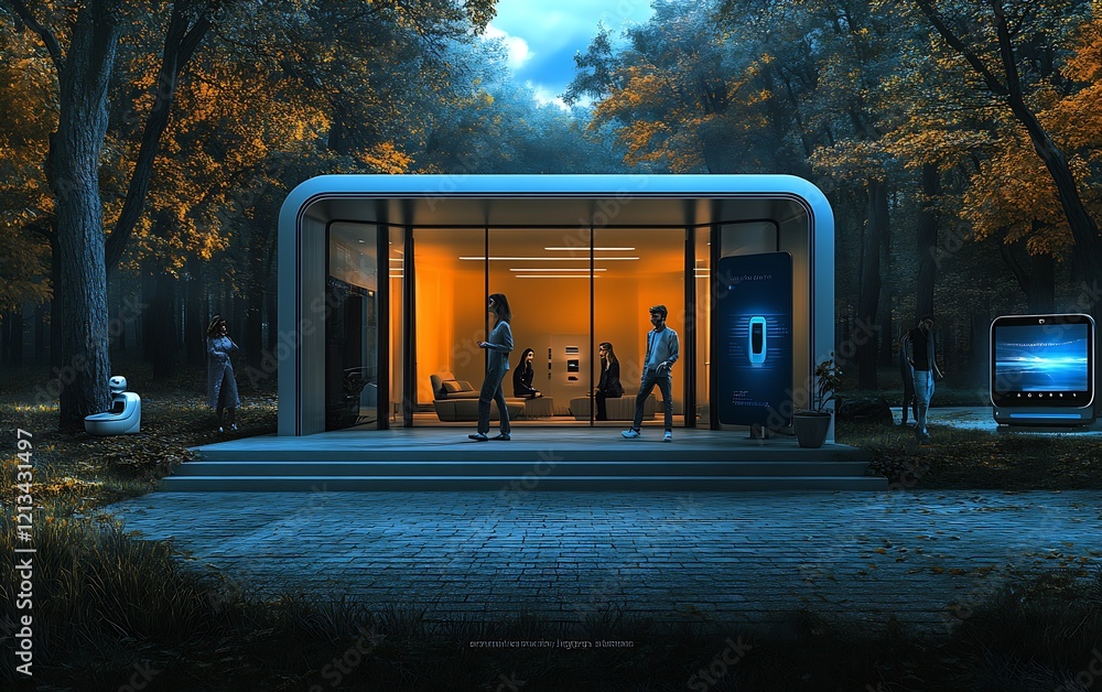 Aufkleber Futuristic Tech Hub in Enchanting Autumn Forest with Digital Interaction : Generative AI