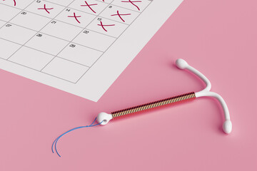 Birth Control Concept. T Shape IUD Hormonal Intrauterine Device with Calendar. 3d Rendering