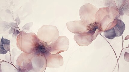 2.A beautiful and intricate floral design featuring soft pink and purple flowers, delicately hand-drawn to create a seamless pattern. The gentle hues blend seamlessly into a light background, evoking