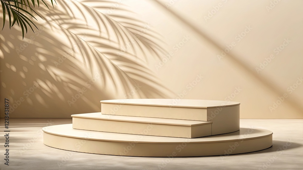 Poster A white pedestal with three steps and a shadow of a palm tree behind it