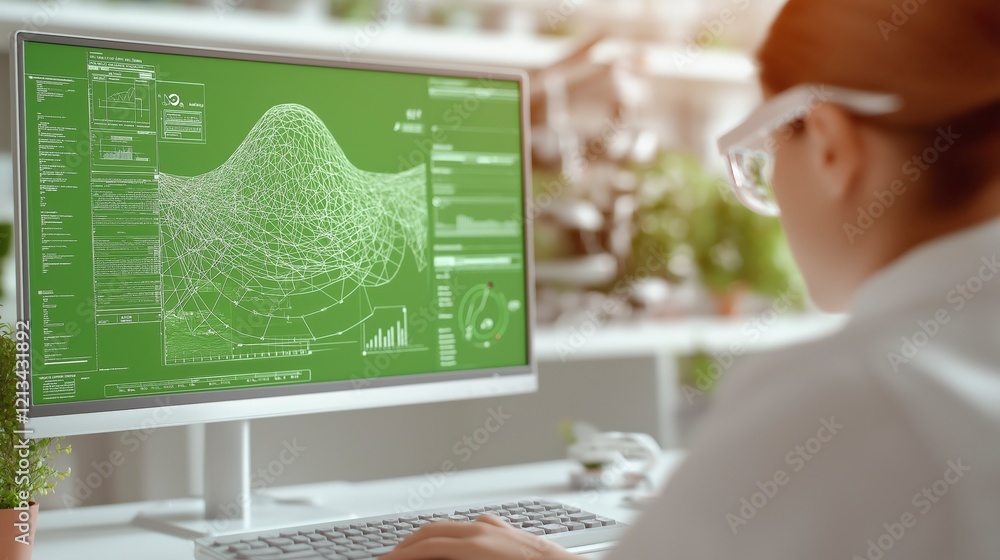 Poster professional woman analyzing data on computer screen with green graphics in modern office environmen