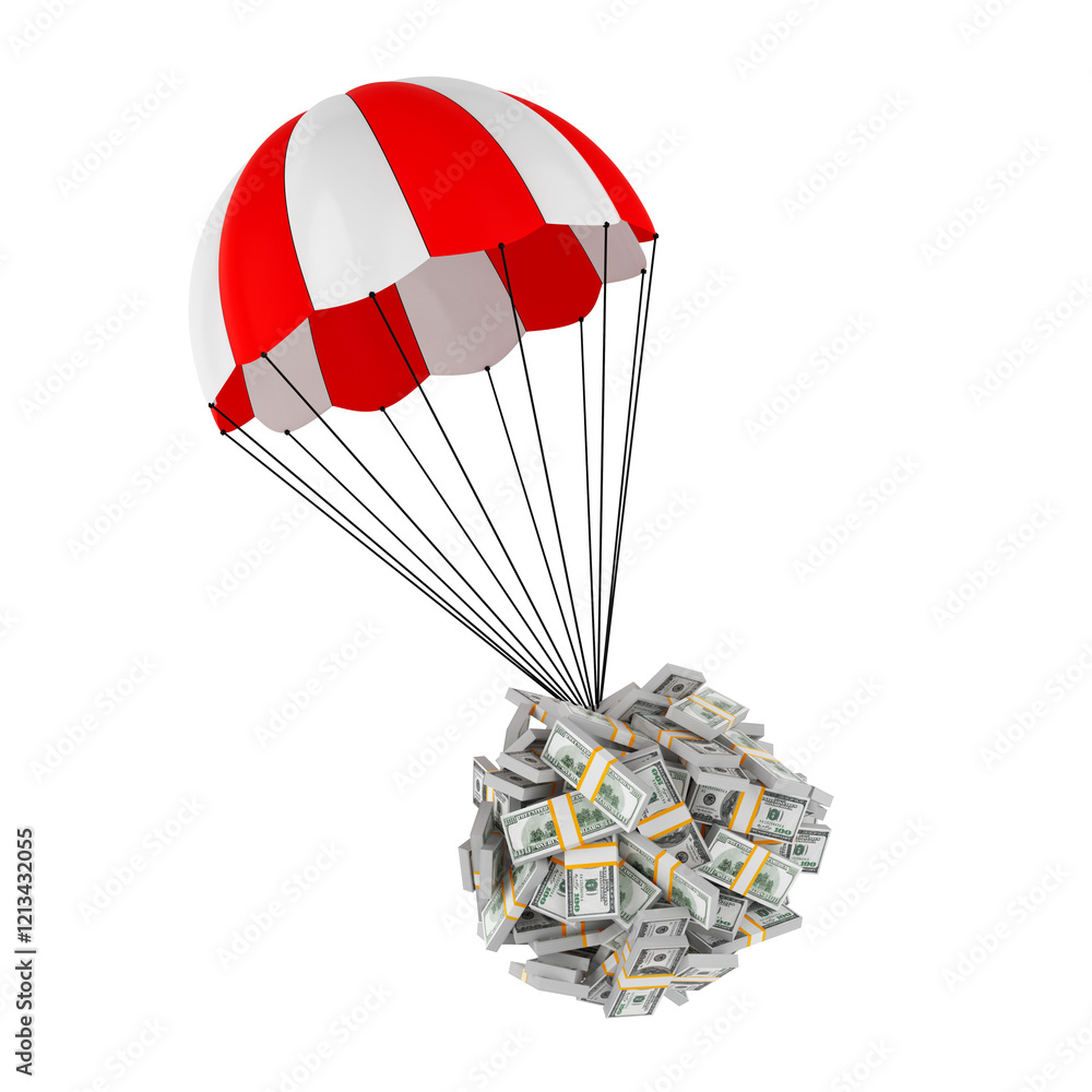 Aufkleber wealth concept. stacks of one hundred dollar bills in shape of ball descends down by parachute. 3d r