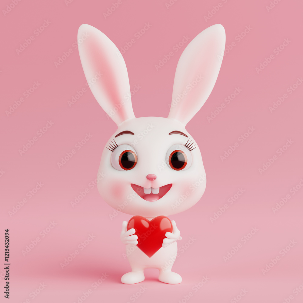 Poster cute cartoon rabbit character person with red heart in his hands. 3d rendering