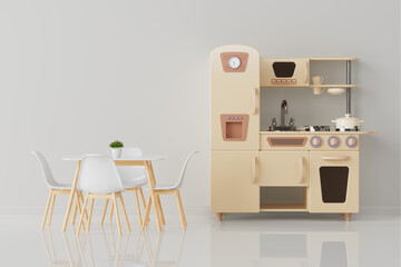 Yellow Wooden Vintage Toy Kitchen with Table and Chairs. 3d Rendering