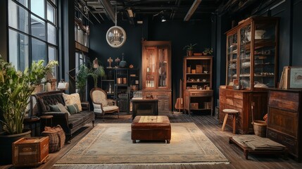 Fototapeta premium Vintage library room with wooden furniture and decor