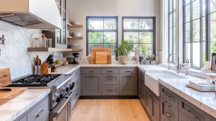 34.A clean, modern kitchen featuring a nordic style design with gray drawers, marble countertops, and wooden parquet flooring. The kitchen is well-organized, with kitchenware such as cutting boards,