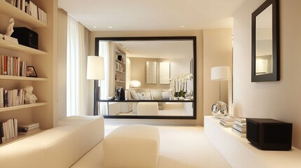 Fototapeta premium 14.A contemporary living room with a well-designed shelving unit, showcasing books and decorative objects, a stylish pouf, and a large mirror reflecting the room modern charm. The minimalist design