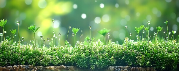 Fresh Morning Dew on Lush Green Moss in a Serene Forest Environment : Generative AI