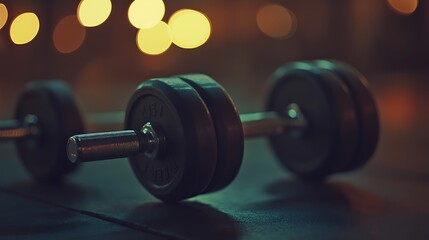 Naklejka premium Dumbbells rest on floor with bokeh lights in background