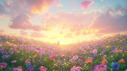 Fototapeta premium Breathtaking sunset landscape with a vibrant field of colorful blooming flowers in a tranquil rural setting The glowing sky and soft light create a magical fairytale like ambiance