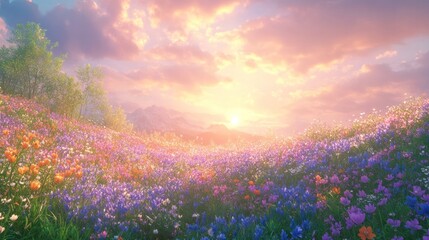 Fototapeta premium Breathtaking sunset scenery with a vast meadow filled with a colorful array of blooming wildflowers surrounded by lush green foliage and a mountainous horizon in the distance