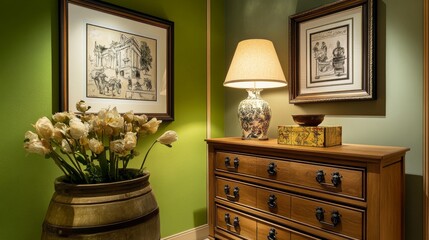 16.A beautifully designed wooden chest of drawers in a room with a green accent wall, adorned with a stylish lamp and framed artwork. The chest of drawers has a rustic yet elegant appeal, with a