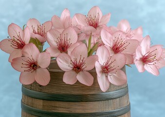 Blooming Pink Cherry Blossoms in Rustic Barrel Against Soft Blue Background : Generative AI